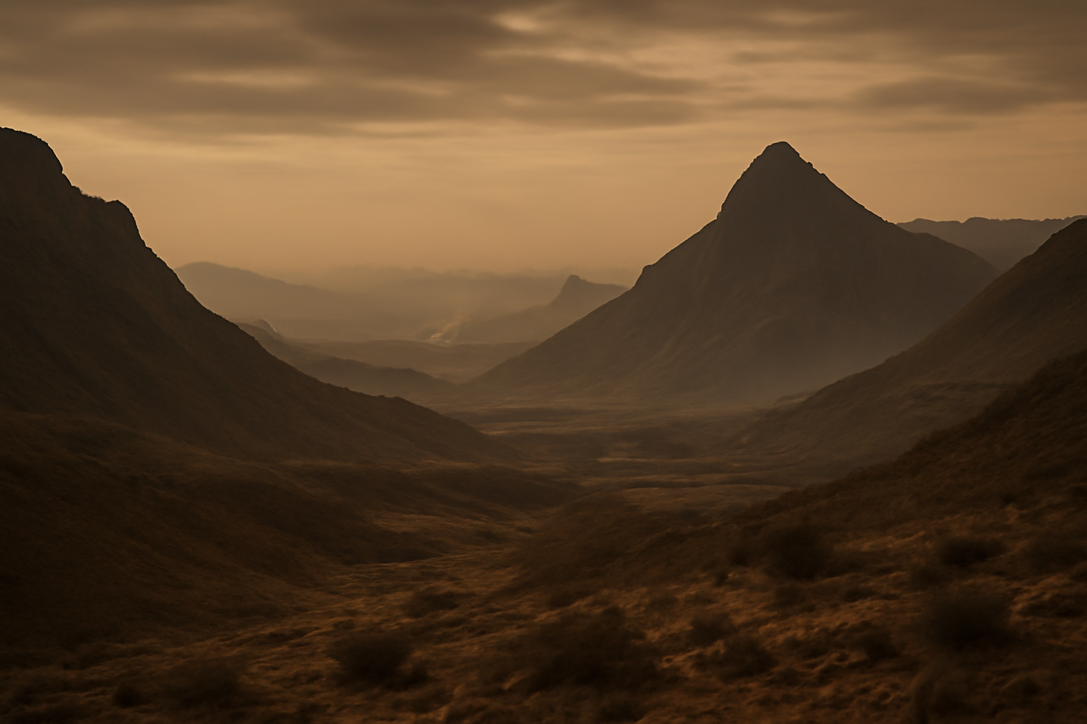 Hilly terrain in the Horn of Africa at dusk with distant smoke on the horizon