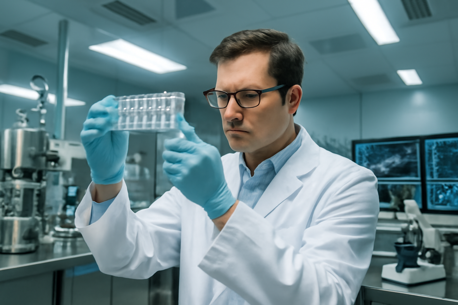 Pharmaceutical laboratory technician handling vials under sterile lighting in a biotech research facility