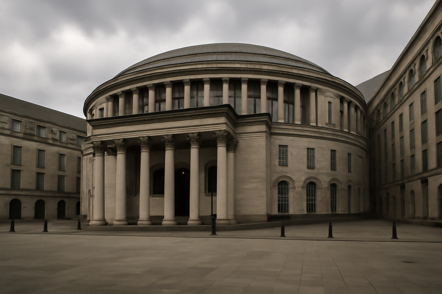 Exterior of a Greater Manchester civic building under an overcast English sky
