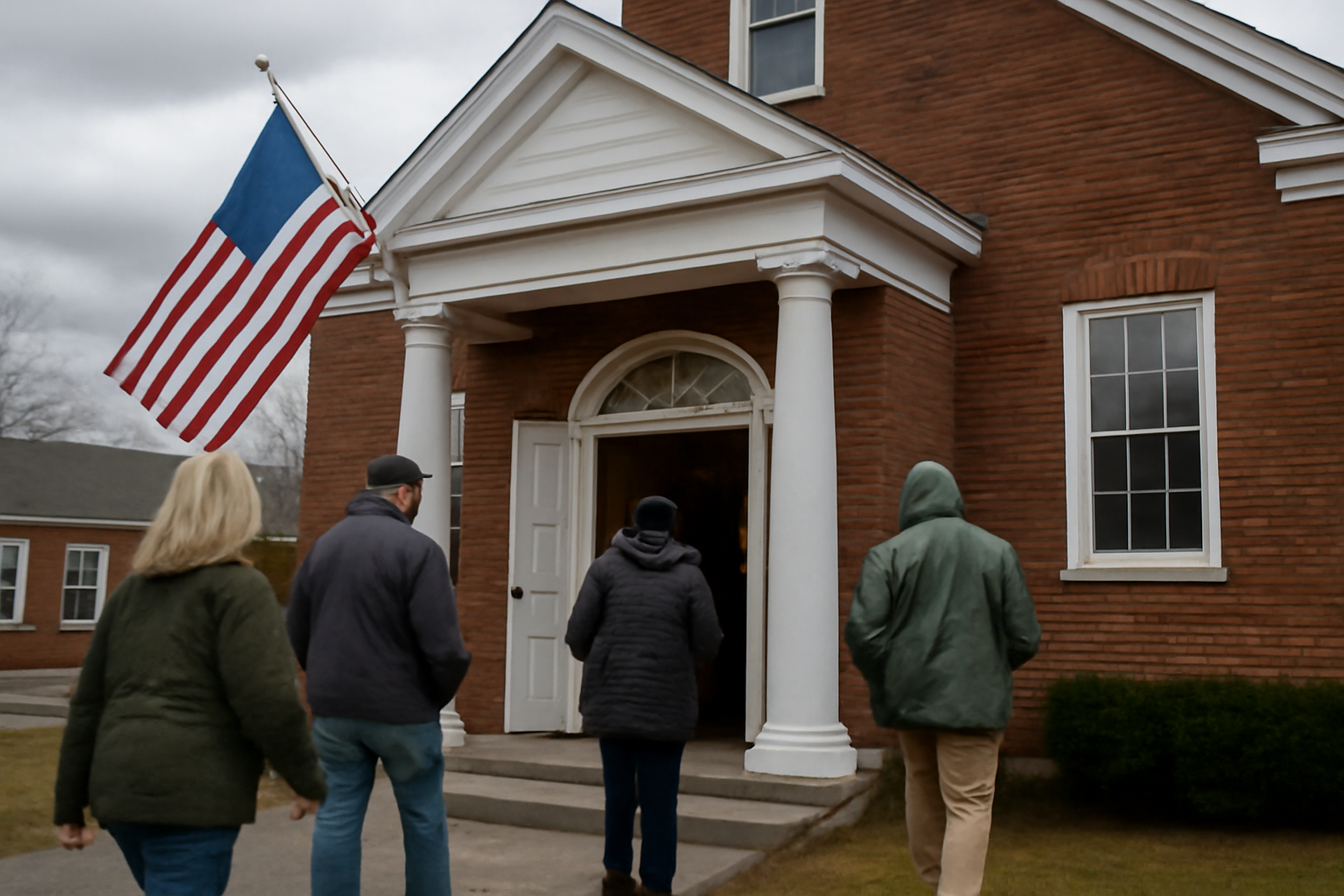 A polling site entrance in a small New England town during a primary election with voters arriving in daylight.