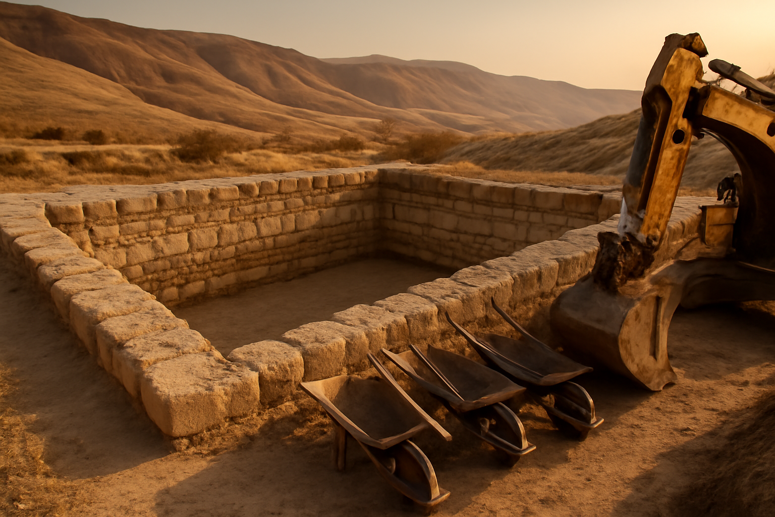 An ancient stone-lined water reservoir in the West Bank with scaffolding and wheelbarrows nearby
