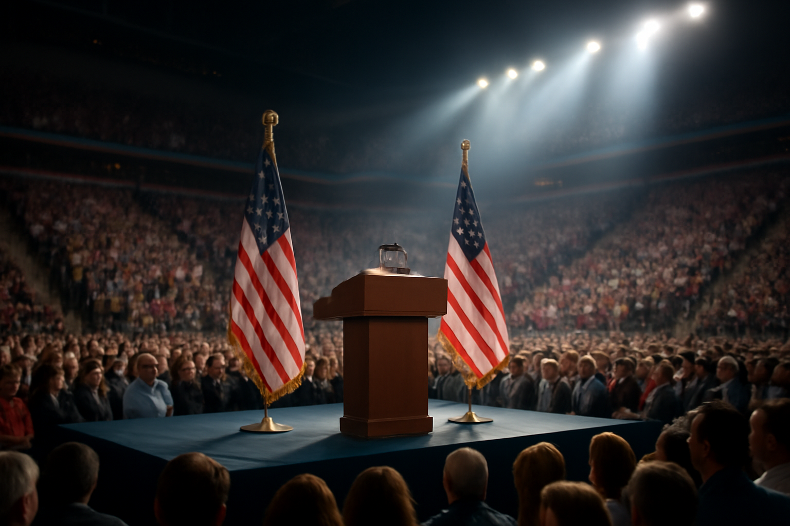 A campaign rally crowd at an arena stage with American flags and a podium