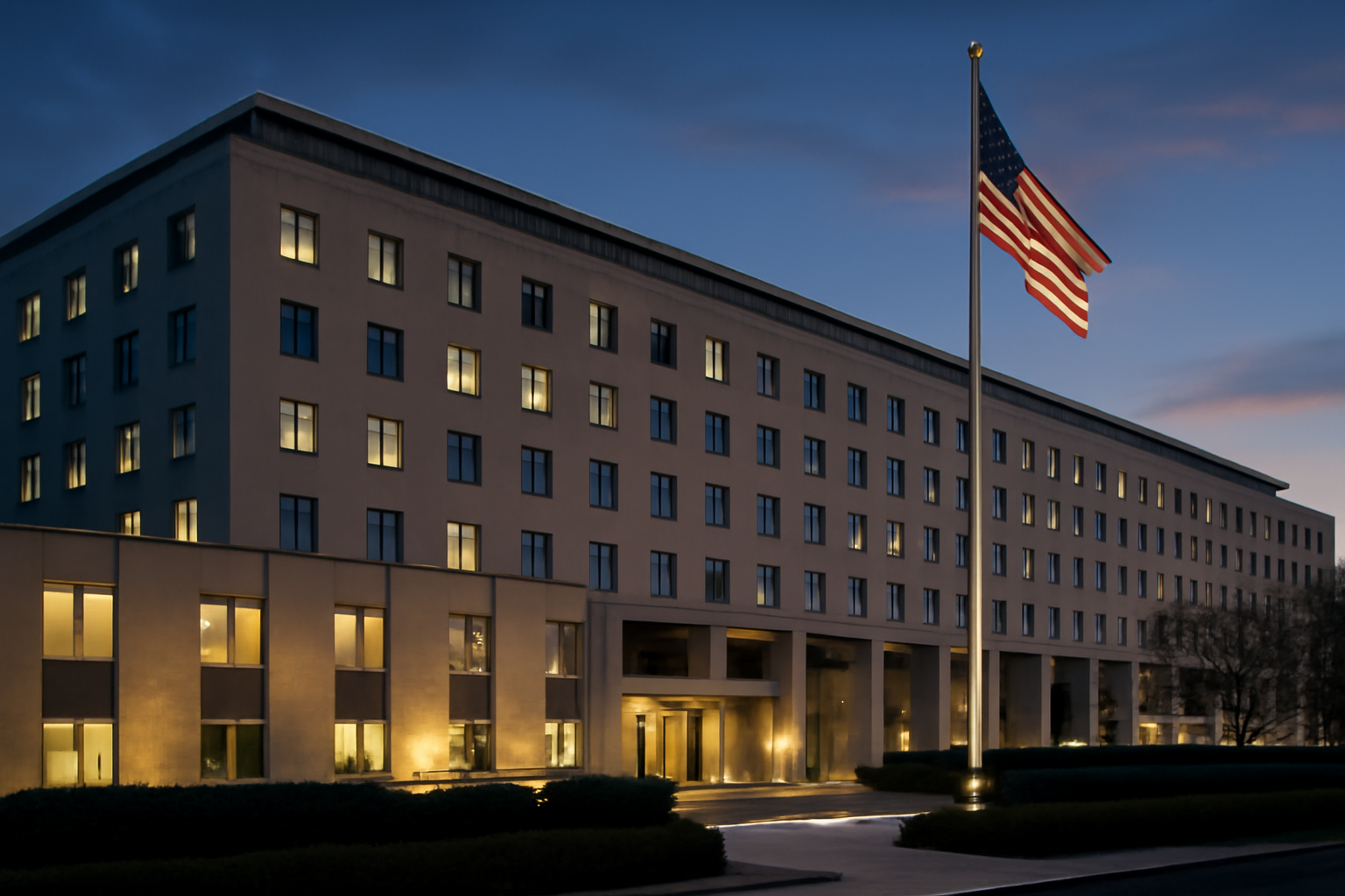 State Department building facade in Washington with American flag