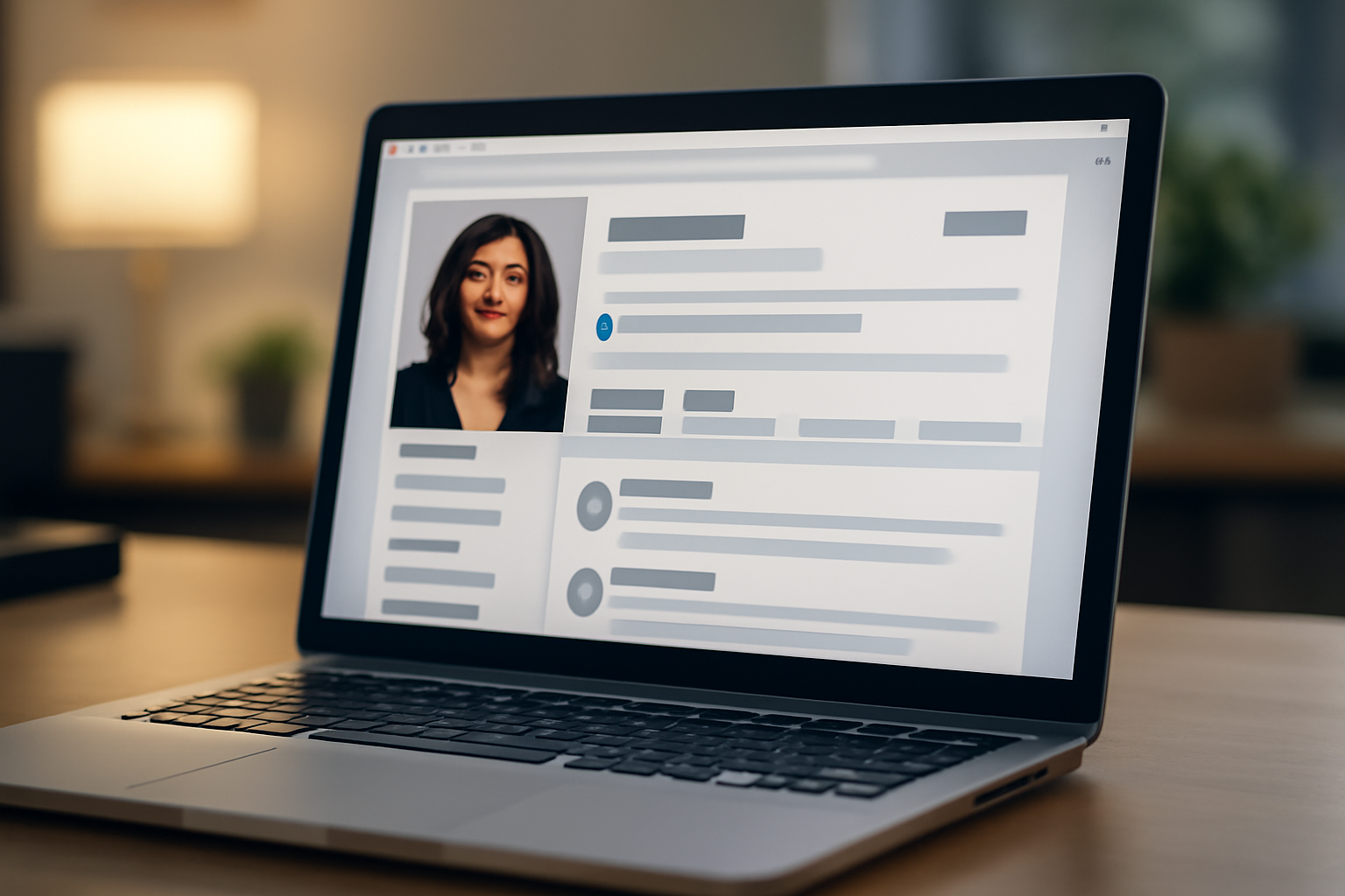A laptop screen showing a professional networking profile page with a verification checkmark icon beside the name