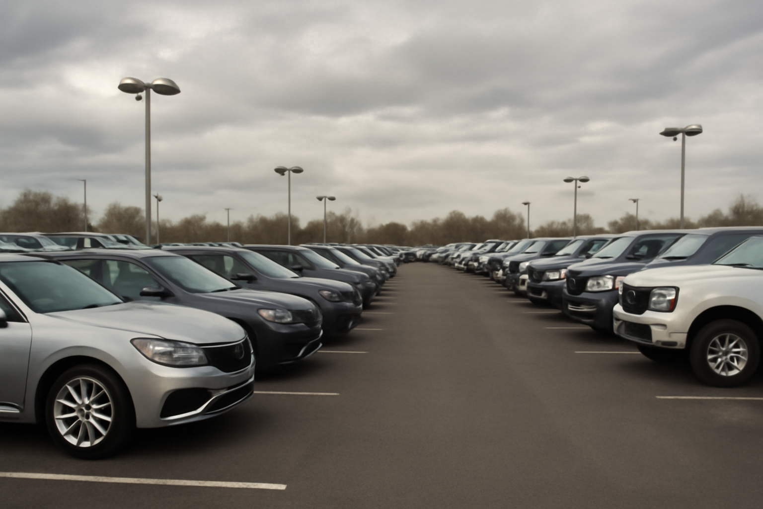 Rows of new cars and trucks parked at a dealership lot under a clear sky