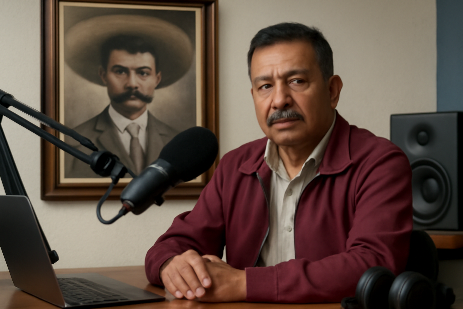 A television host sits in a home studio with a portrait of Hugo Chávez on the wall behind him