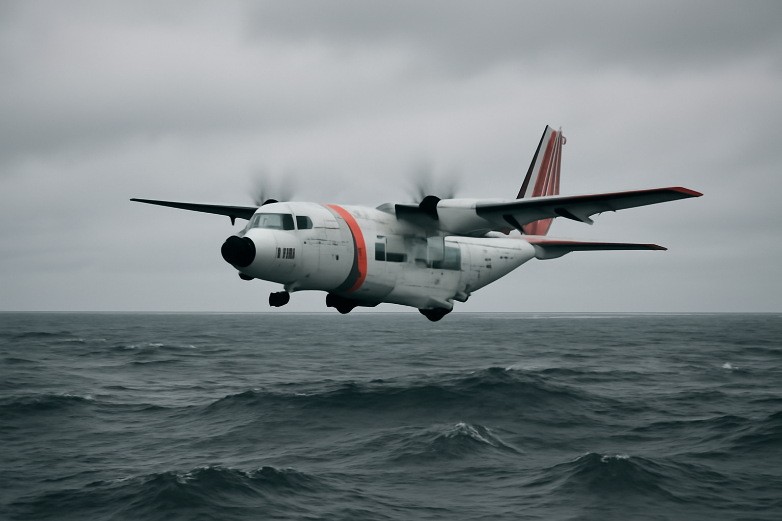 A Coast Guard search aircraft flying low over open ocean water under overcast skies