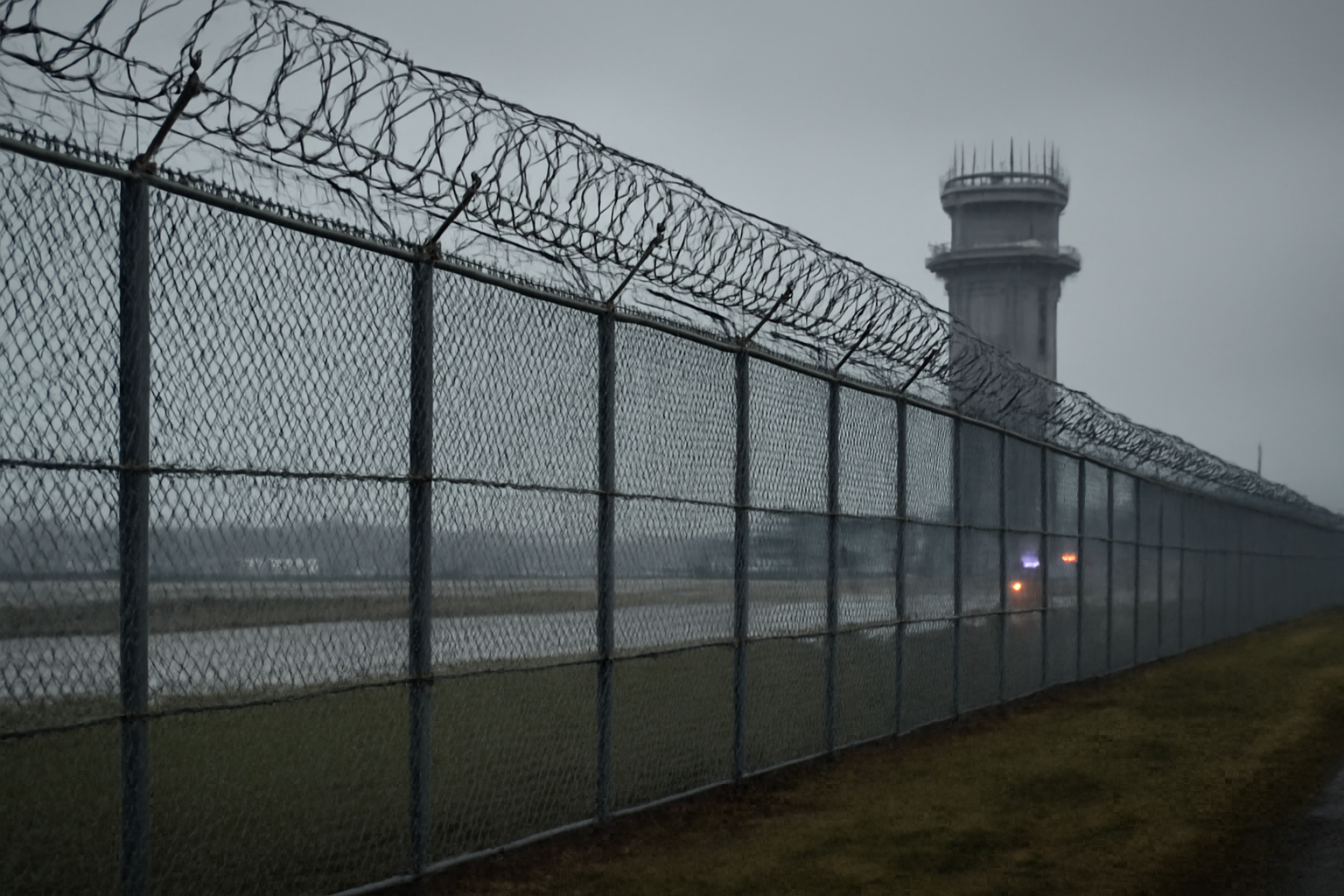Perimeter fence and control tower at a Royal Air Force base under overcast sky