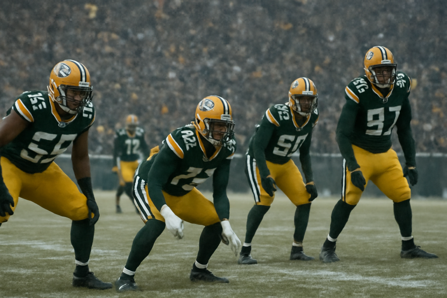 Football players on the field at Lambeau Field during a cold-weather NFL game