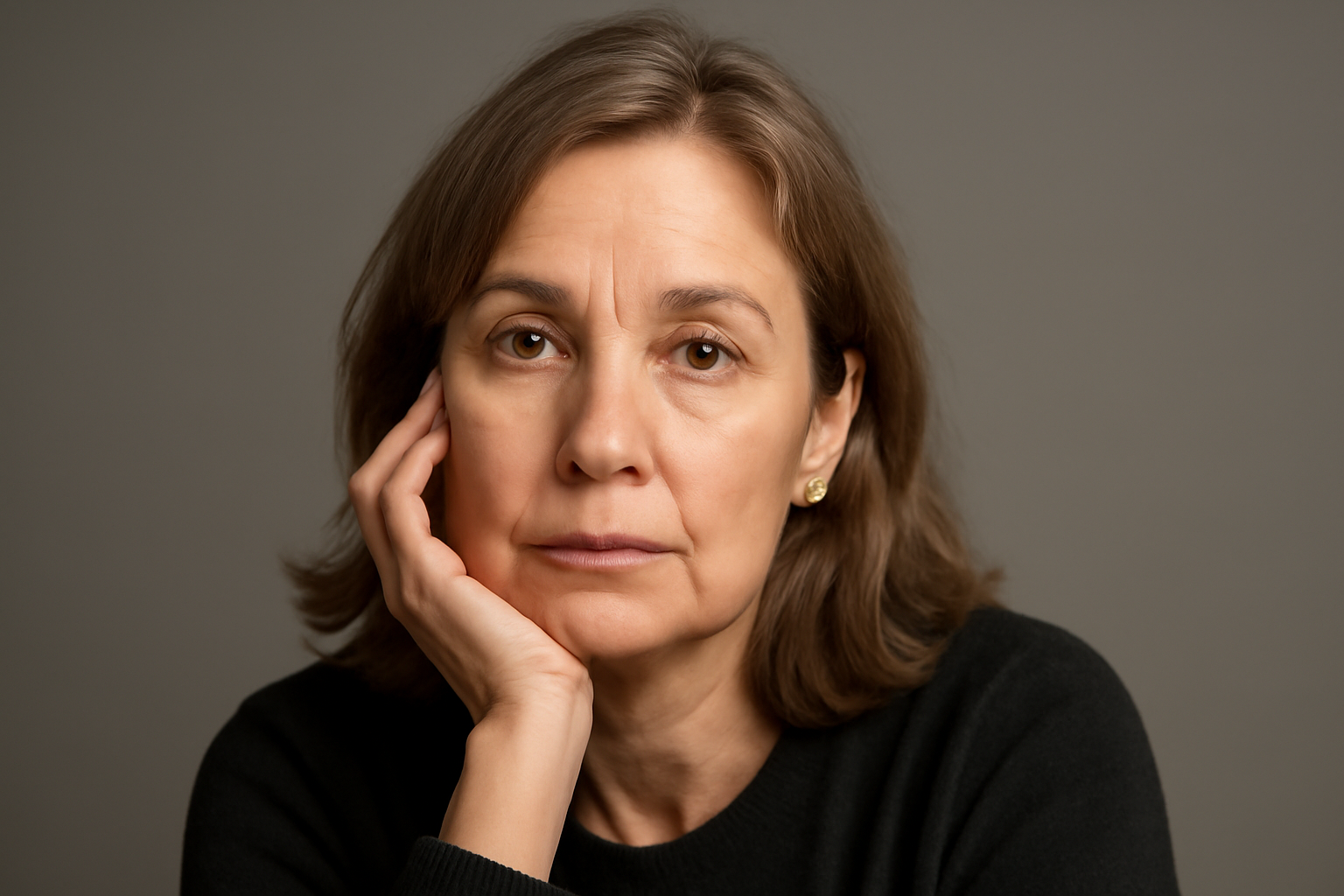 Actress sitting for a close-up portrait under soft studio lighting.