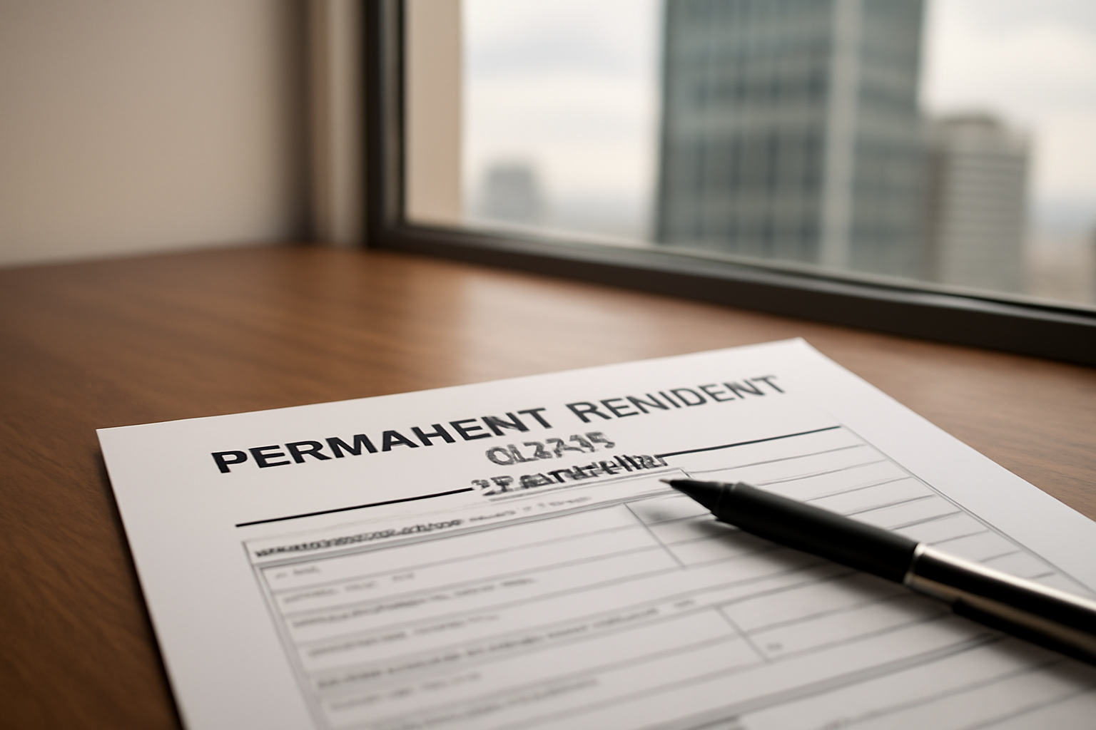 A green card permanent resident application form on a desk beside a blurred corporate office tower