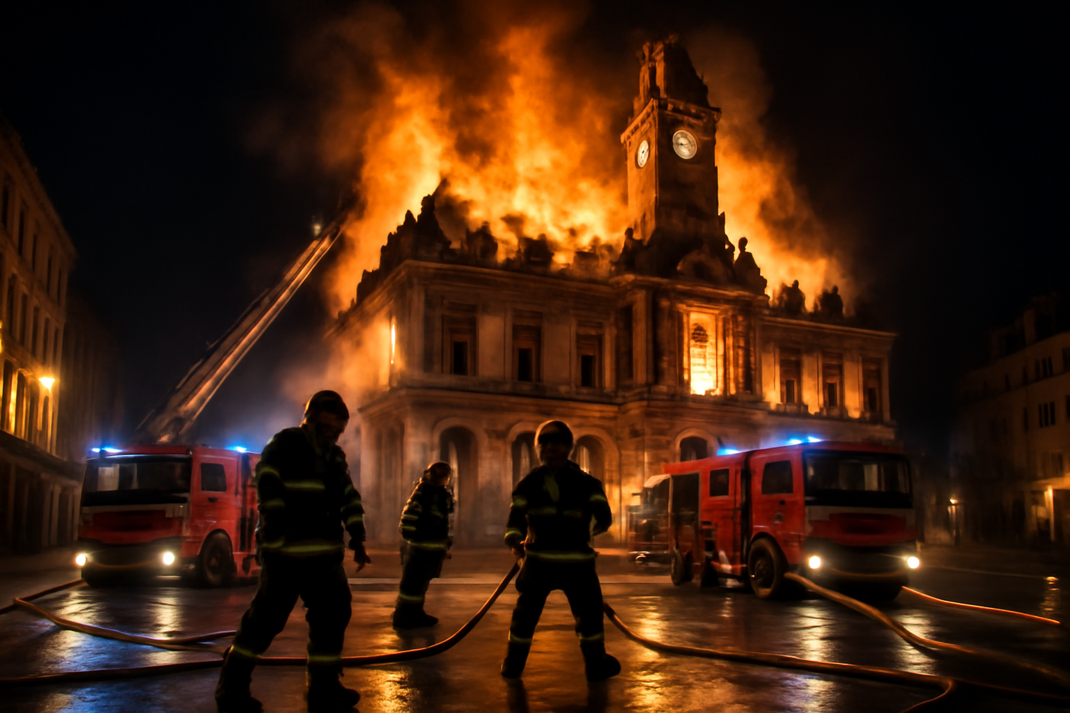Firefighters battling flames engulfing the upper floors of a stone town hall building in France