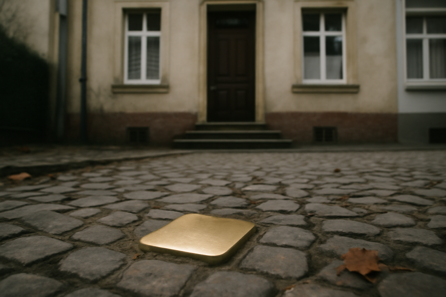 A brass-topped memorial stone set into cobblestones outside a German townhouse doorway