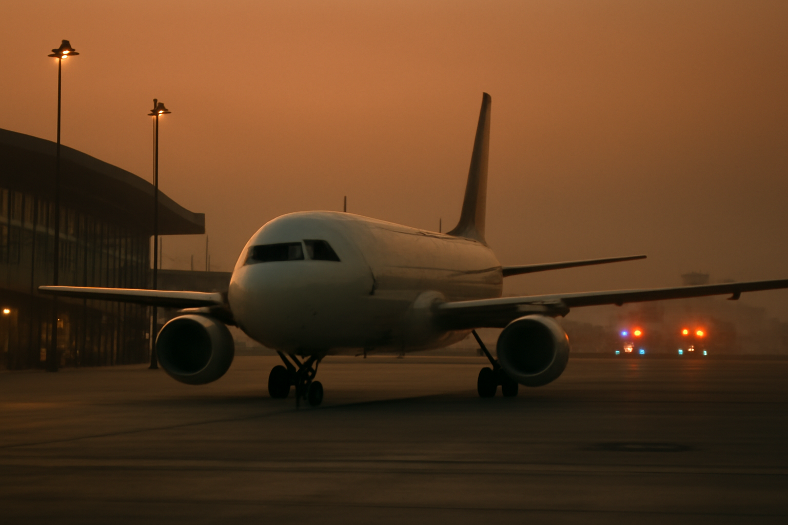 Commercial airliner on a tarmac near airport terminal buildings under a hazy desert sky