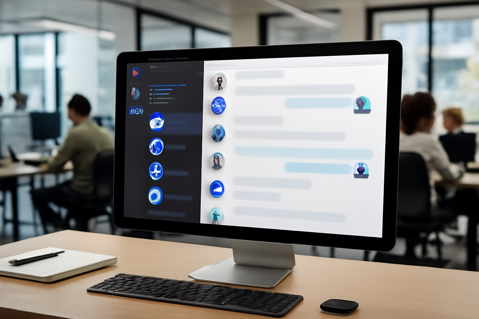 Split-screen office scene showing a team chat interface with both human and AI agent avatars in a channel conversation