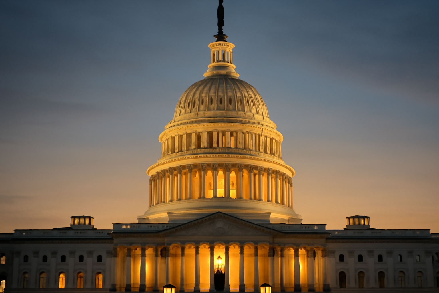U.S. Capitol dome at dusk with the American flag in the foreground