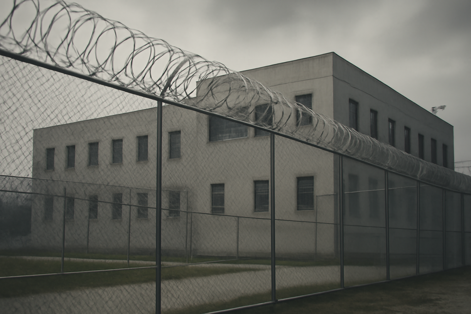 Exterior of a state prison building with razor-wire fencing under an overcast sky