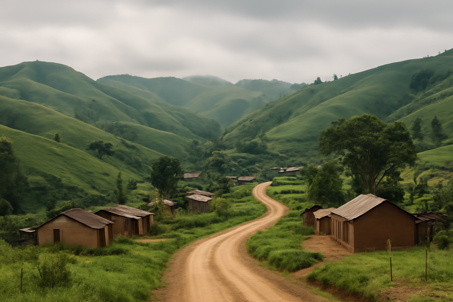 Dense green hills of eastern Congo with a dirt road winding through a rural village under overcast sky