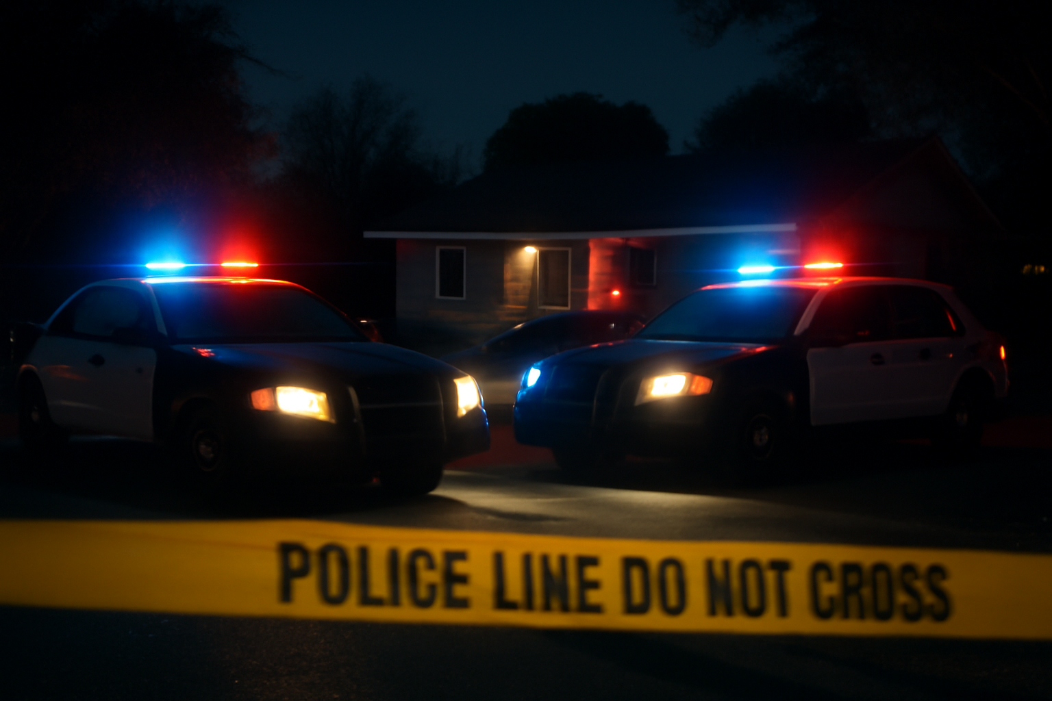 Police vehicles with flashing lights parked outside a residential home at night in Fresno, California