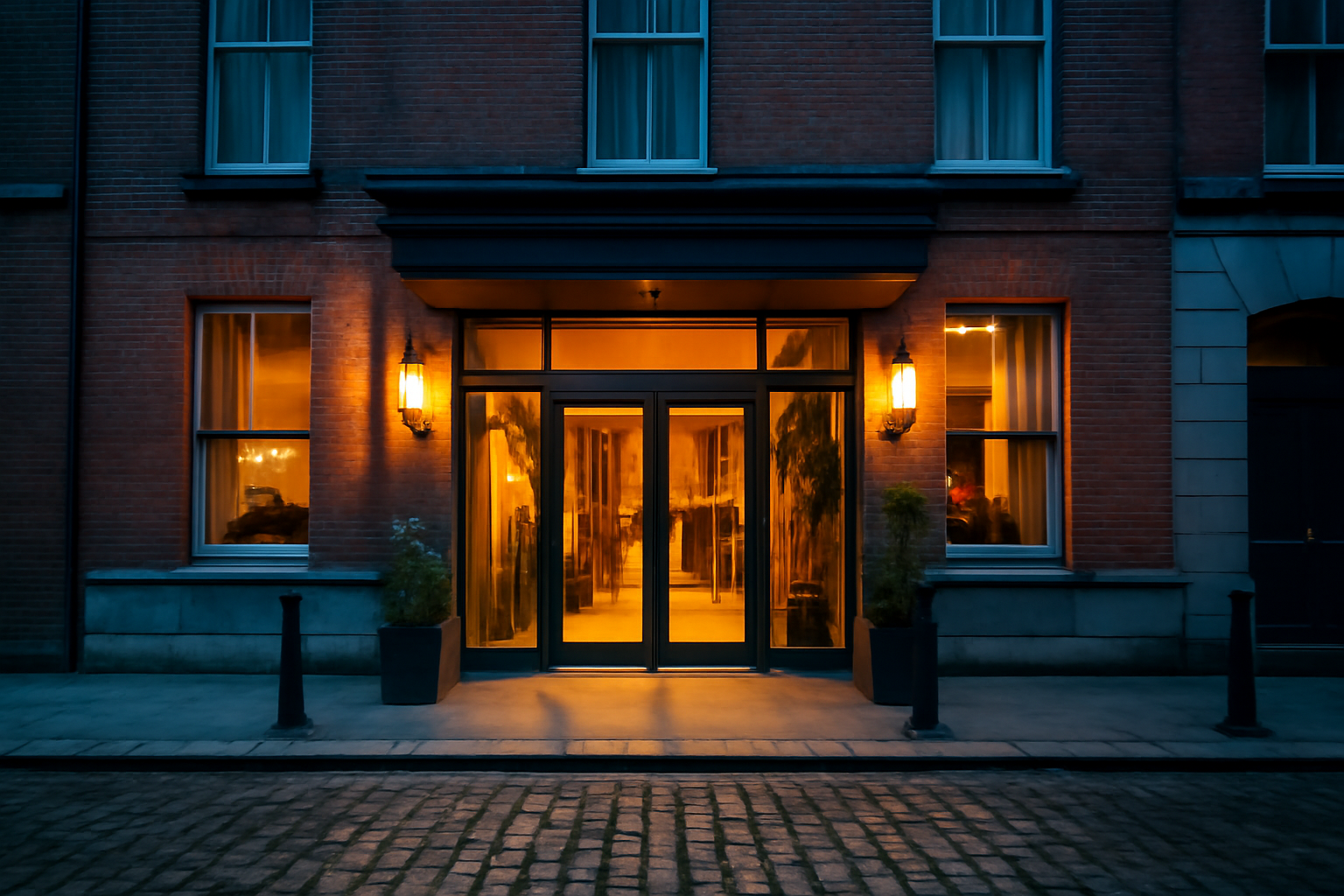 Exterior view of a hotel entrance in central Dublin at dusk