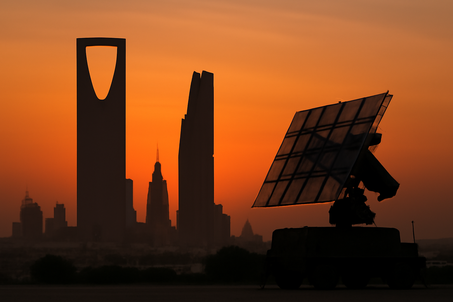 Riyadh skyline at dusk with air defense radar towers visible against the horizon