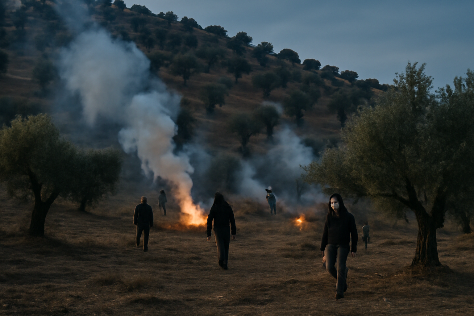 Smoke rising from an olive grove as masked figures stand near farmers in the West Bank hills