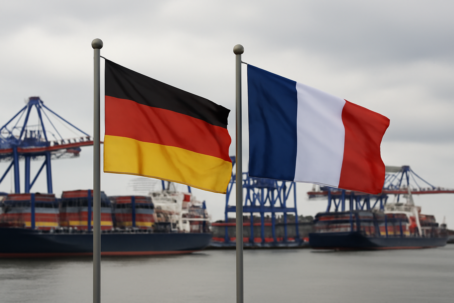 Flags of Germany and France beside a container ship loaded with cargo at a European port