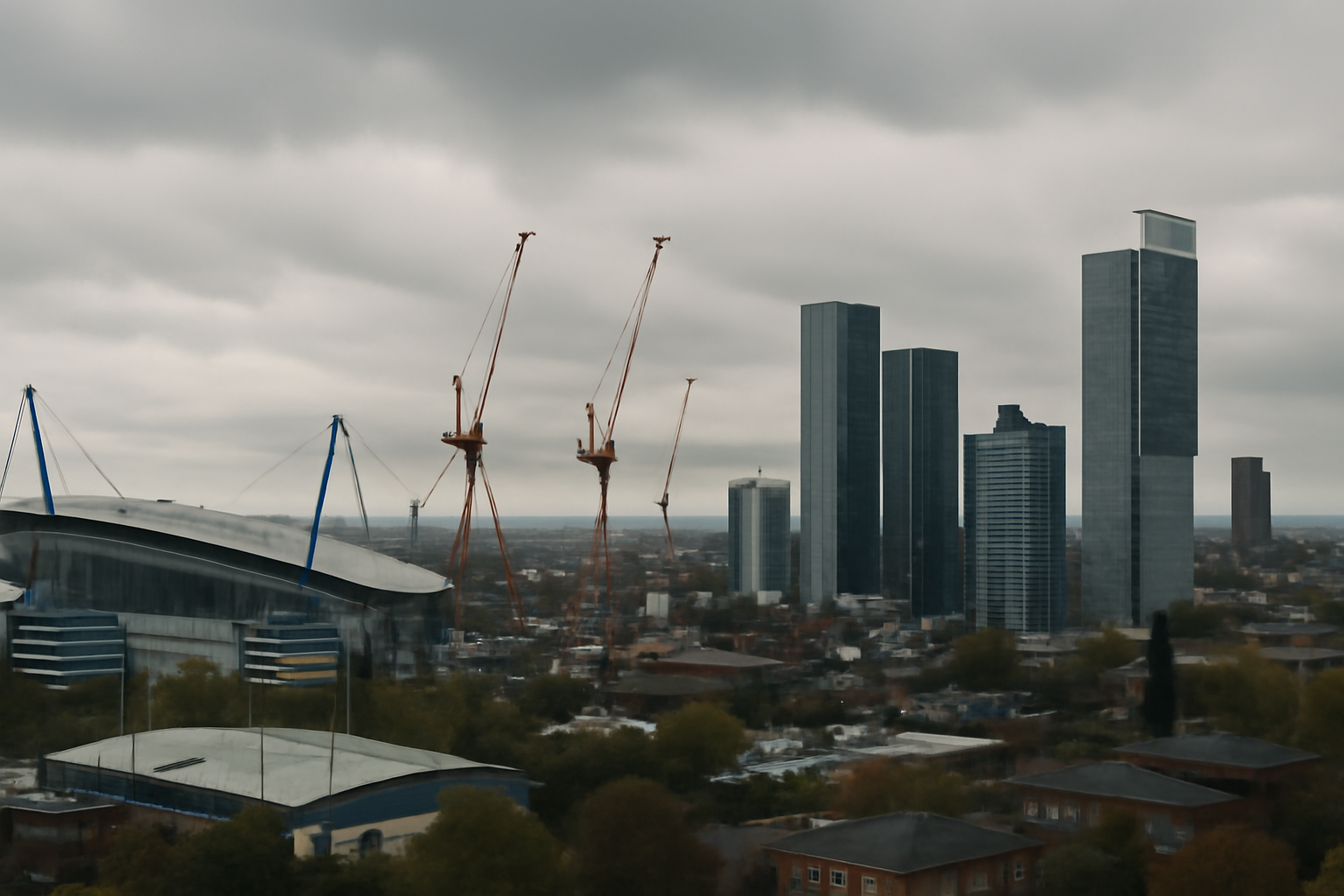Cranes and new high-rise buildings rising near a football stadium in central Manchester under an overcast sky.