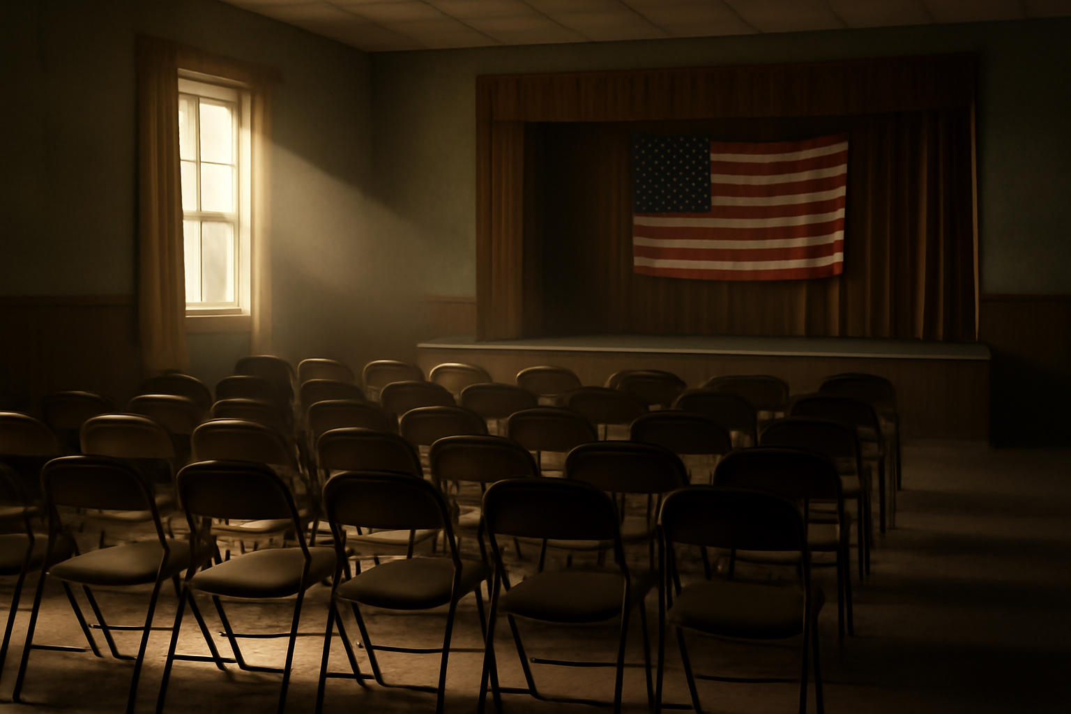 Empty folding chairs set up in a dim rural meeting hall before a political gathering