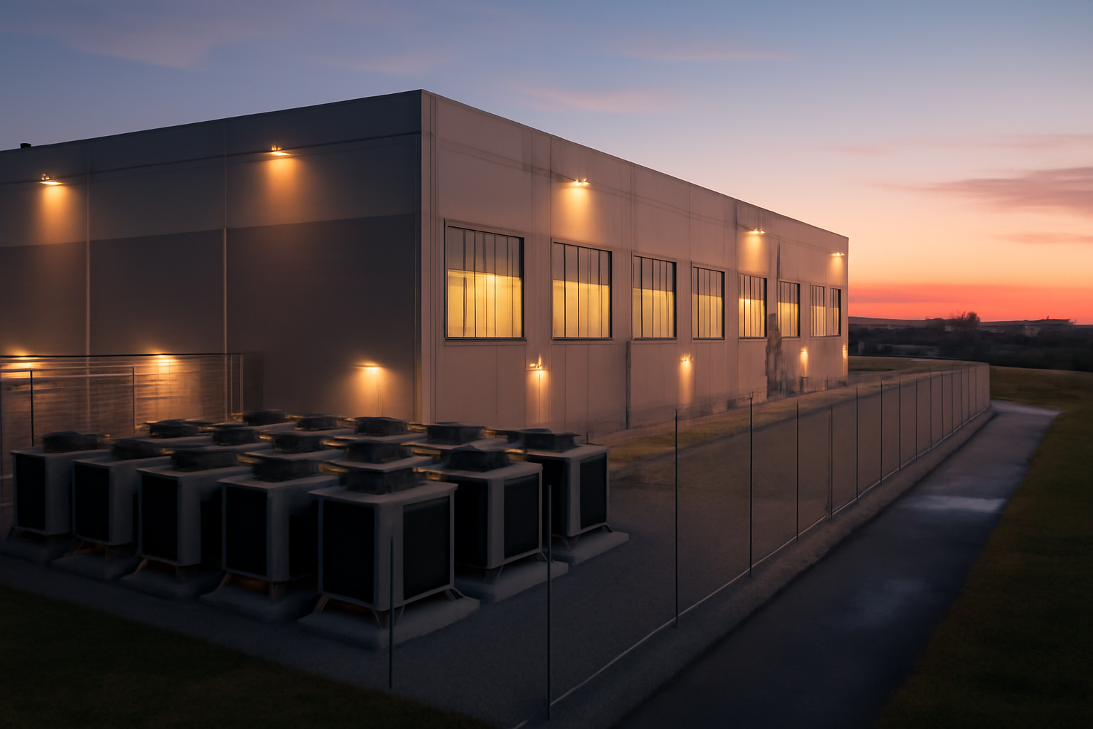 Rows of server racks inside a large industrial data center building at dusk