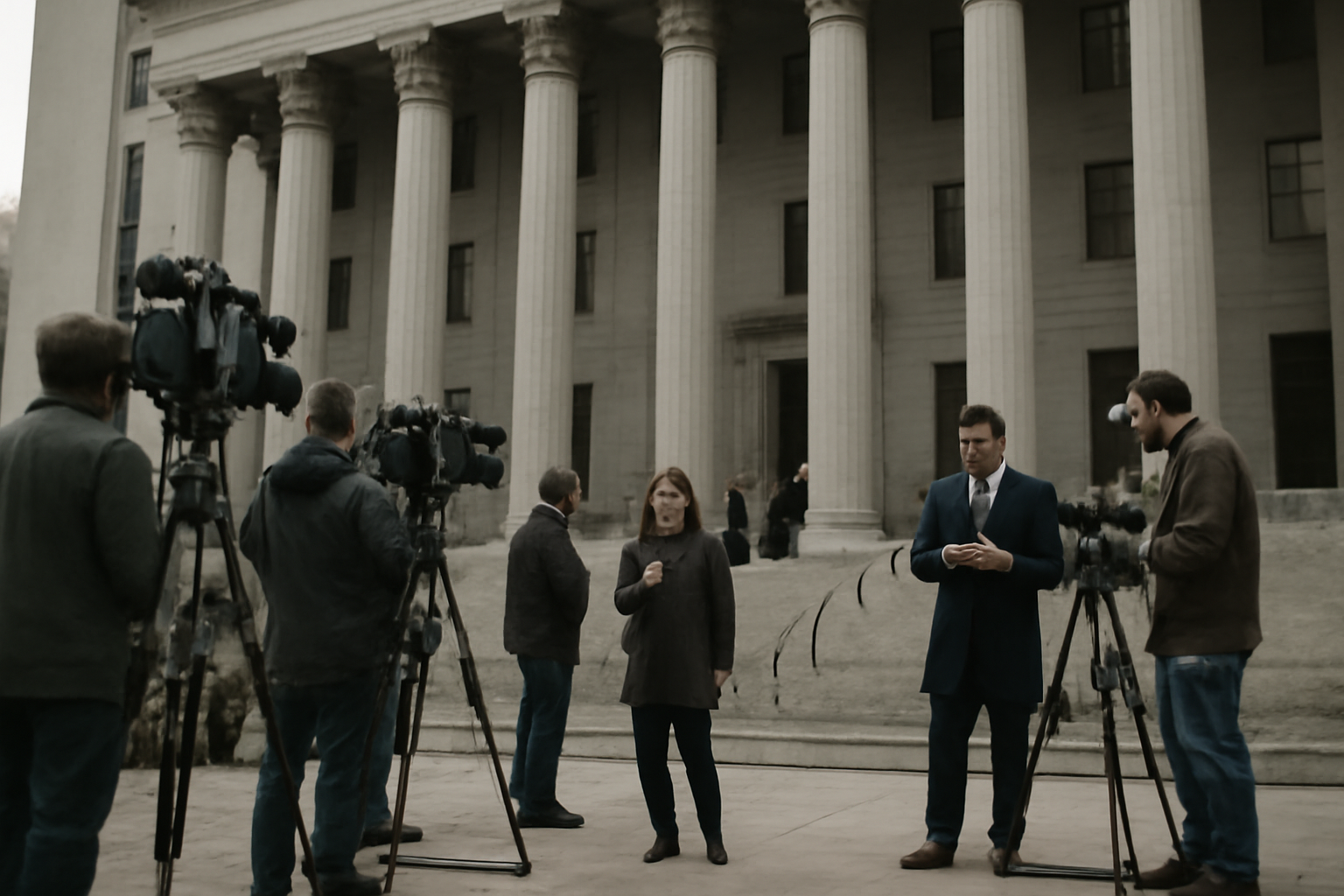 Federal courthouse exterior with reporters gathered outside during a high-profile antitrust hearing