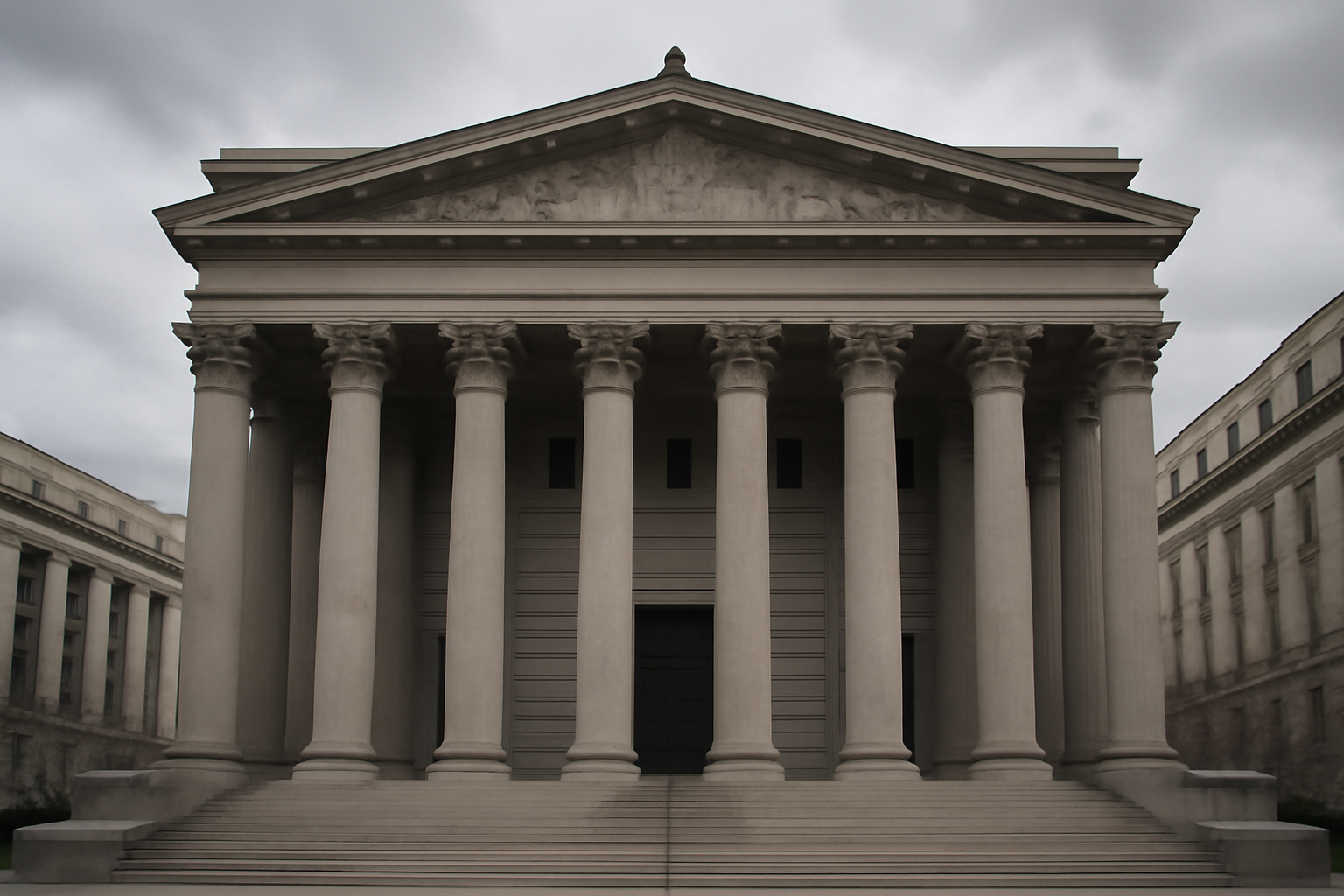 Exterior of a federal courthouse building under overcast sky
