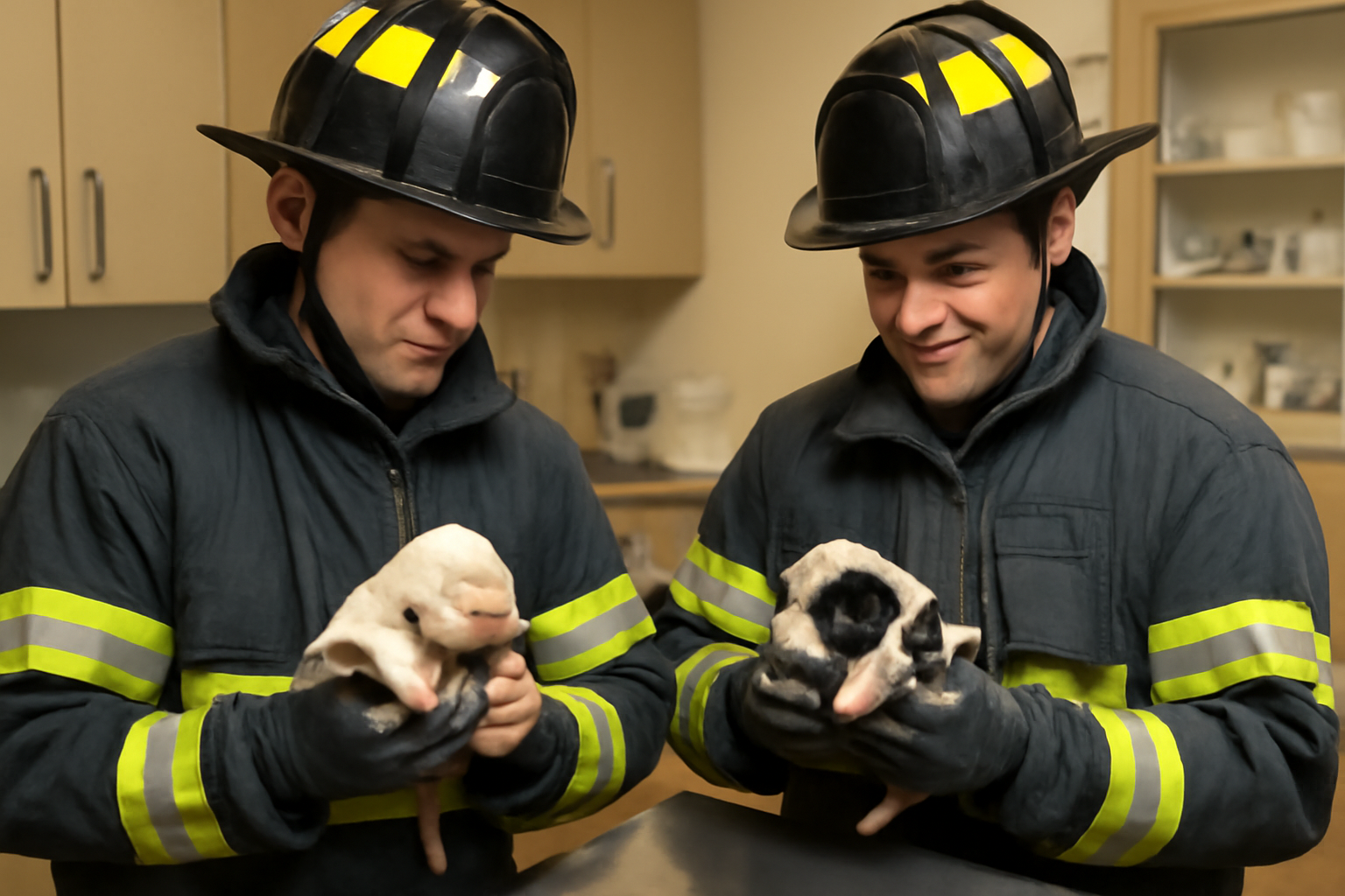 Cobb County firefighters standing beside newborn puppies at a Georgia veterinary clinic