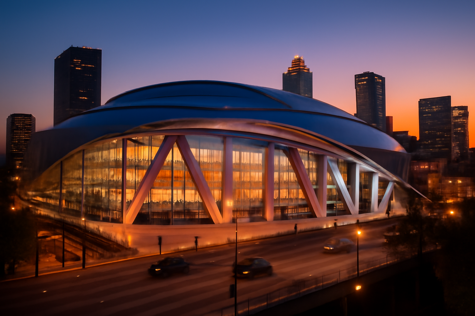 Exterior view of State Farm Arena in downtown Atlanta under evening lights