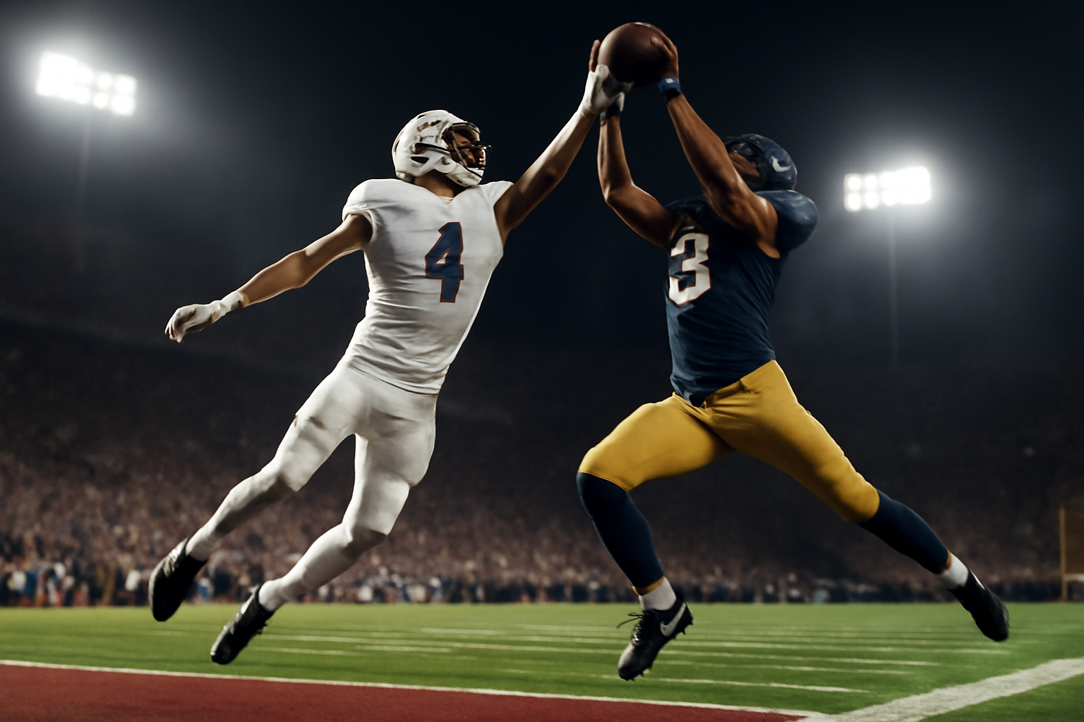 A college football safety and wide receiver leap together for a contested pass in the end zone under stadium lights