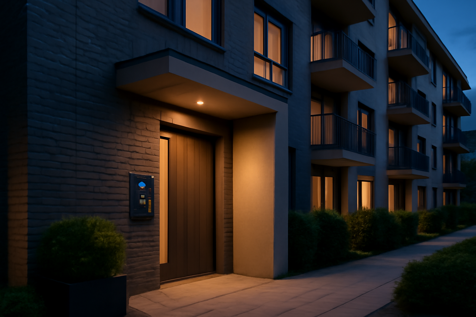 Modern apartment building exterior with a smart intercom panel beside the entrance