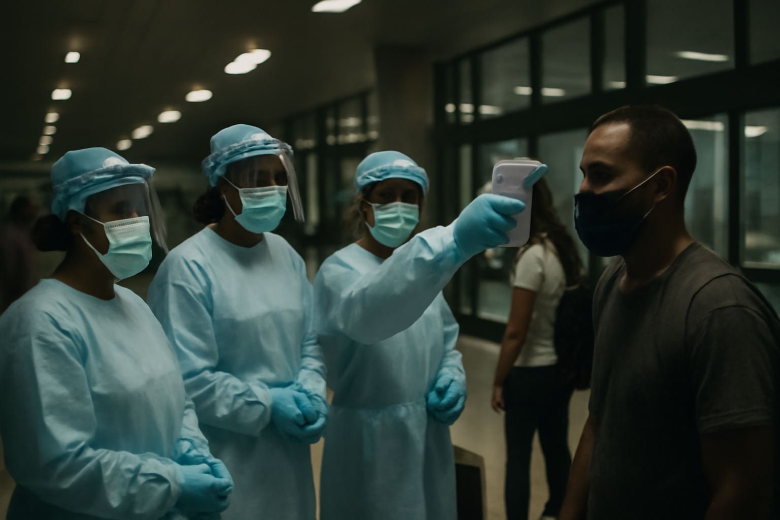 Medical personnel in protective gear at an airport health screening checkpoint in East Africa
