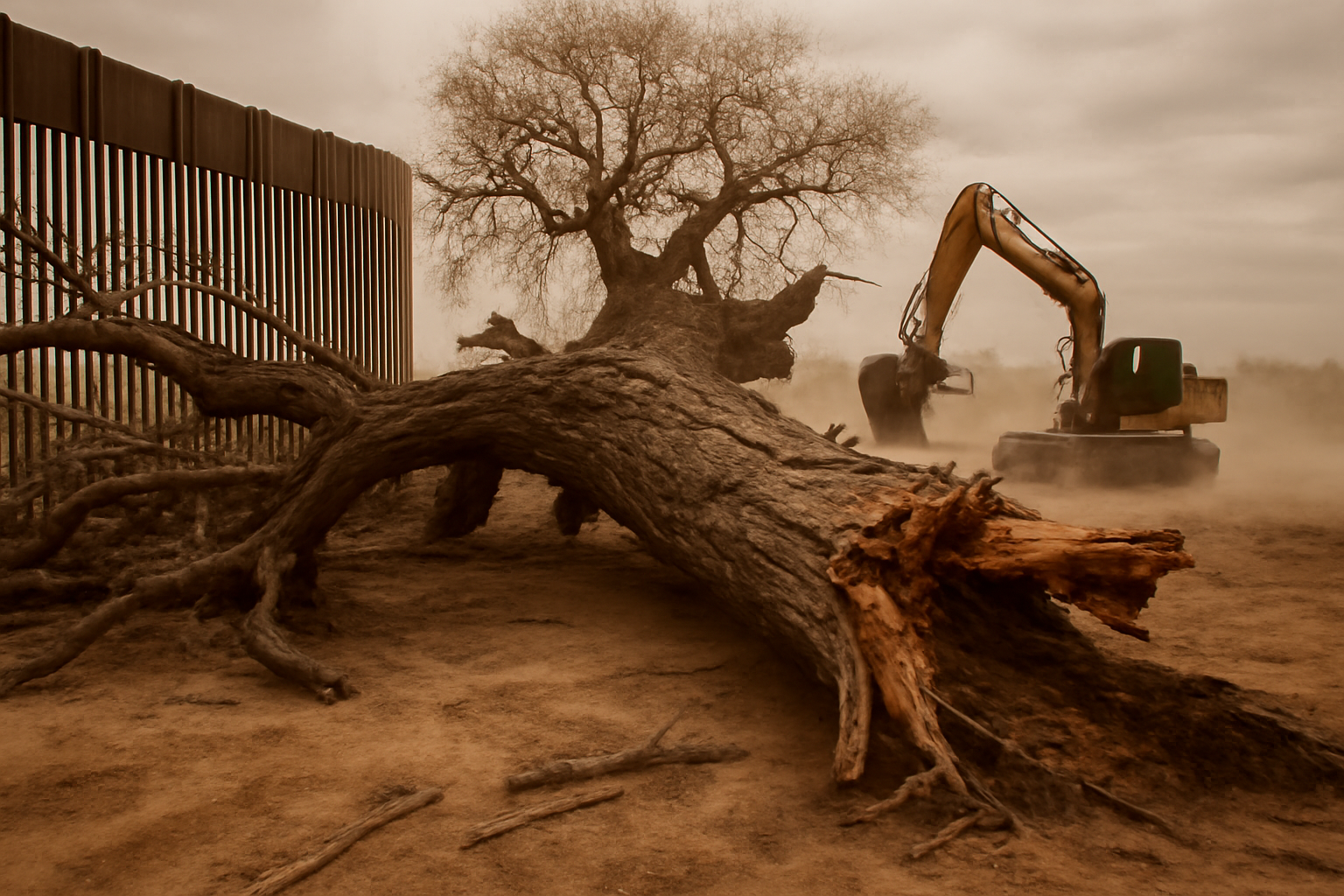 Excavator pushing over a large fallen cottonwood tree near a border wall construction site in Arizona