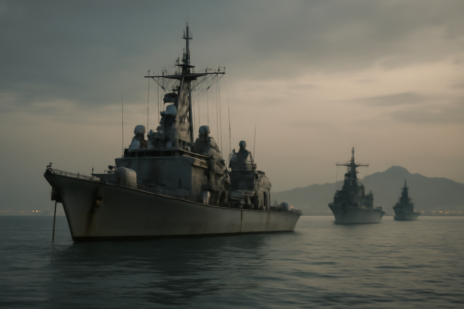 Naval warships positioned at sea near a Middle East coastline under overcast sky