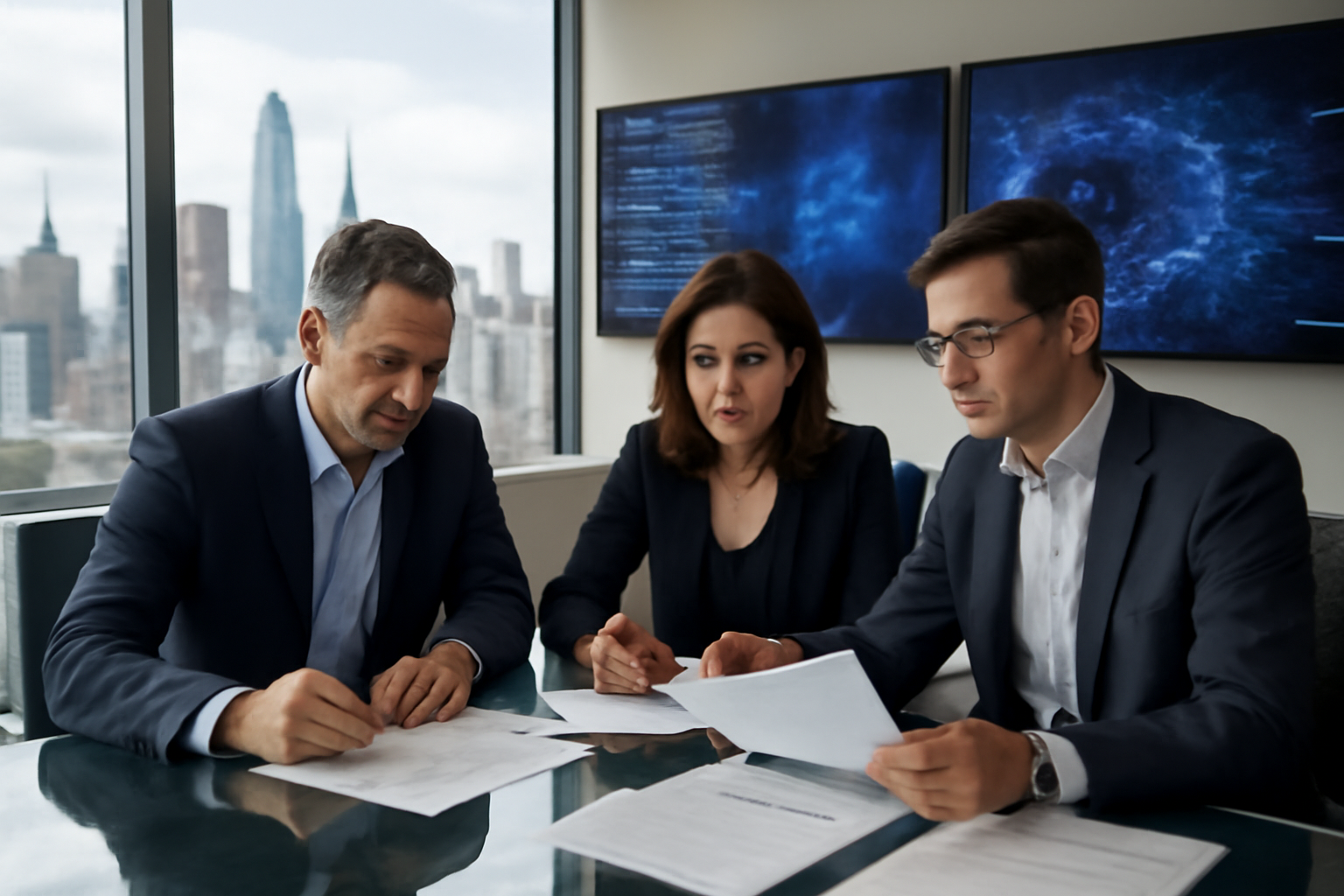Venture capital investors reviewing a term sheet near monitors displaying AI code editor interfaces