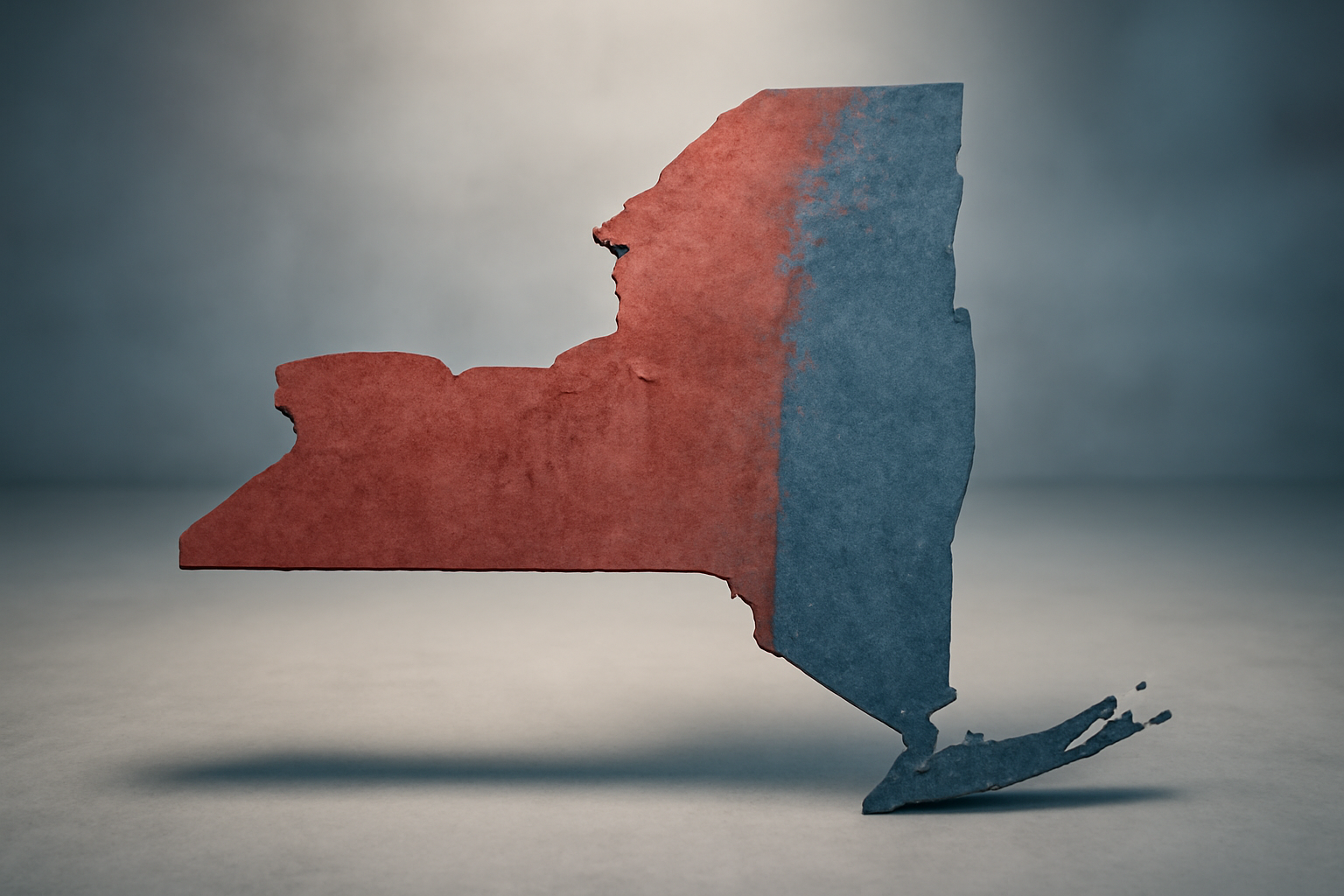A red and blue electoral map graphic of New York state with a narrow margin indicator between two candidate silhouettes