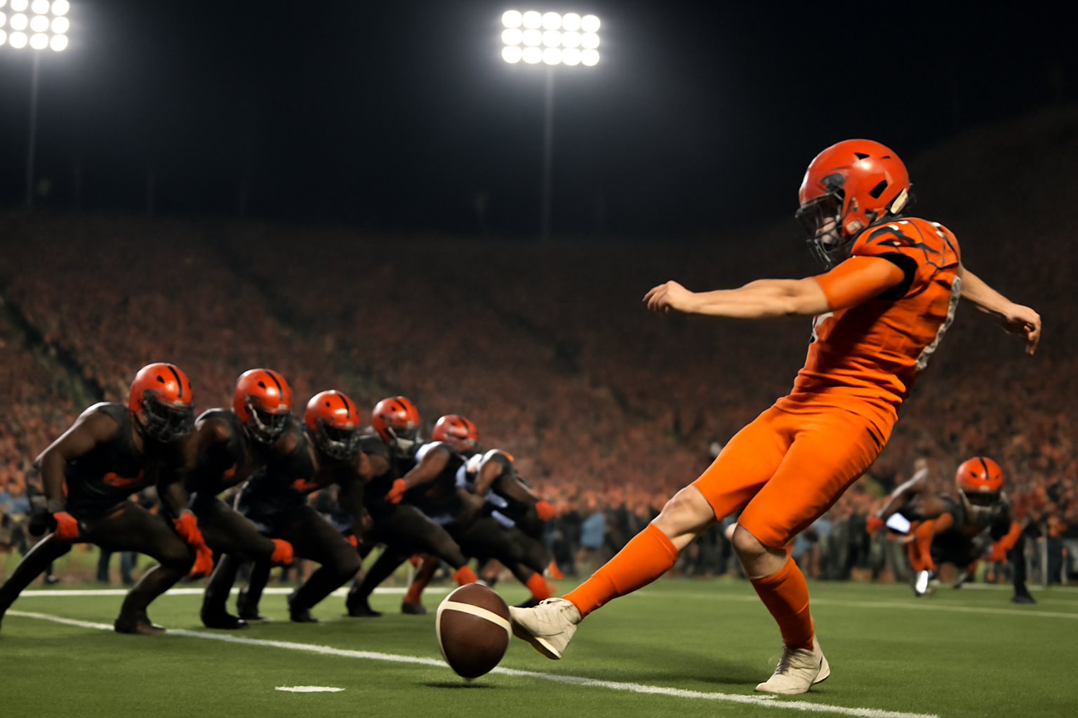 Auburn kicker lining up a game-winning field goal attempt against Georgia under stadium lights