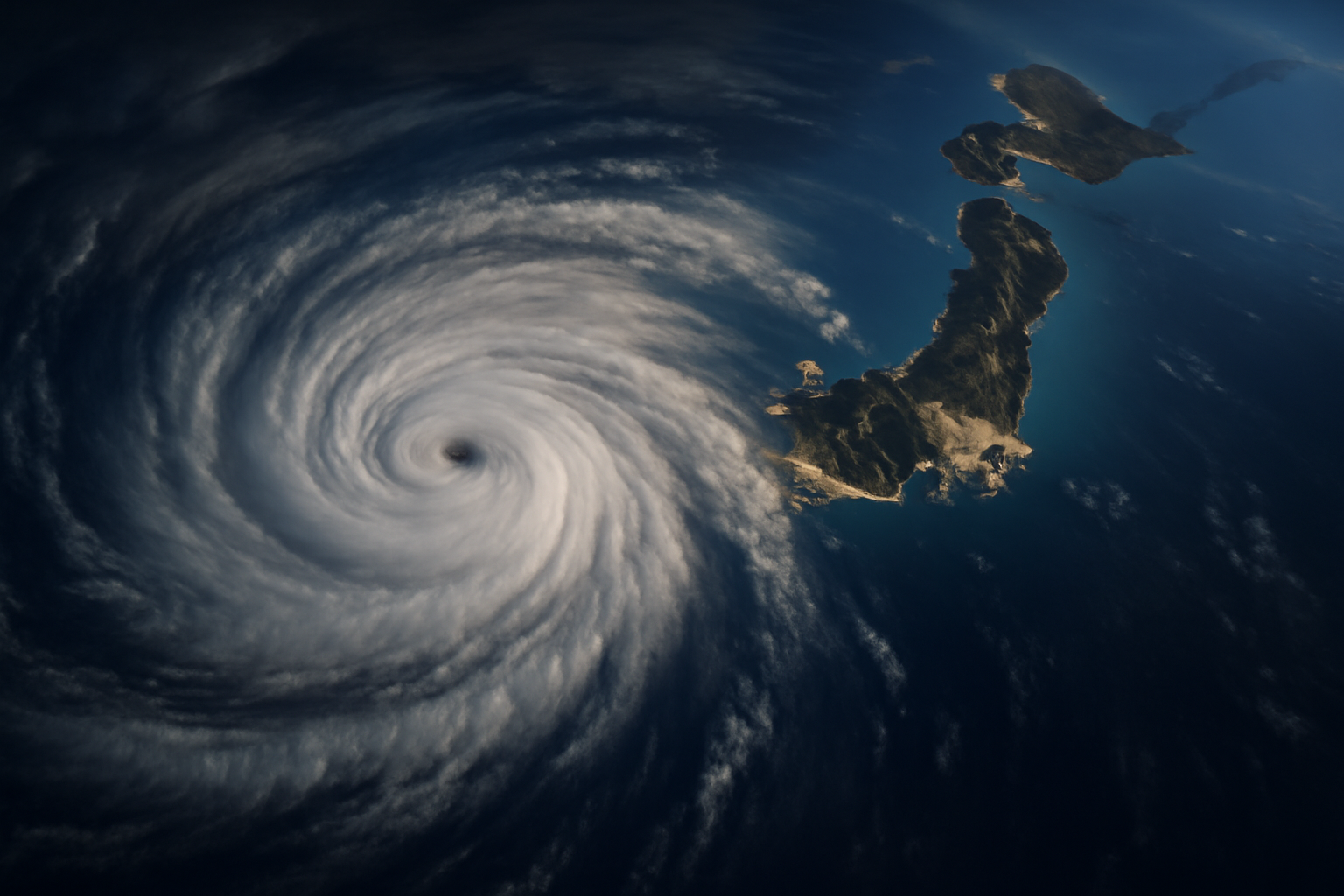 Satellite view of a large spiral typhoon system approaching the coastline of Japan over the Pacific Ocean