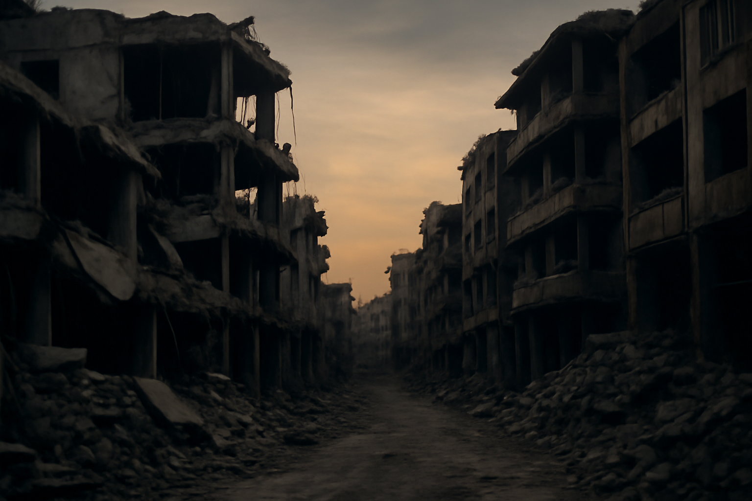 Damaged multi-story buildings with exposed rebar and rubble in an urban area at dusk