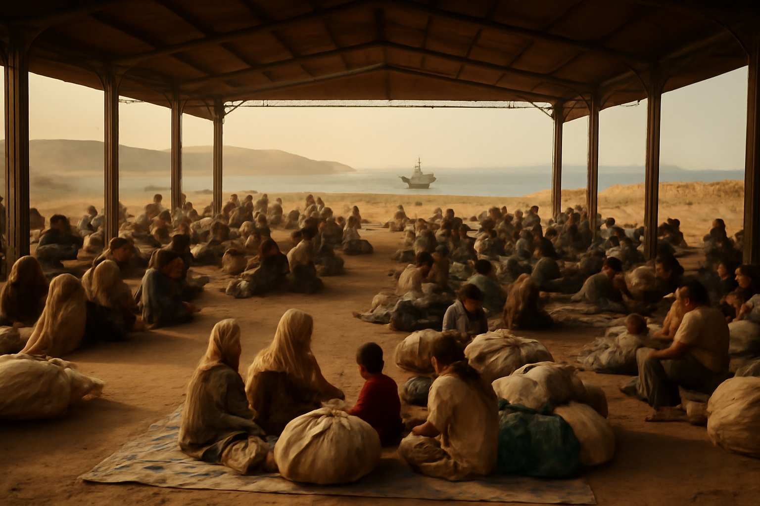 Yemeni refugee families sitting on tarps inside an open-sided warehouse camp in Djibouti