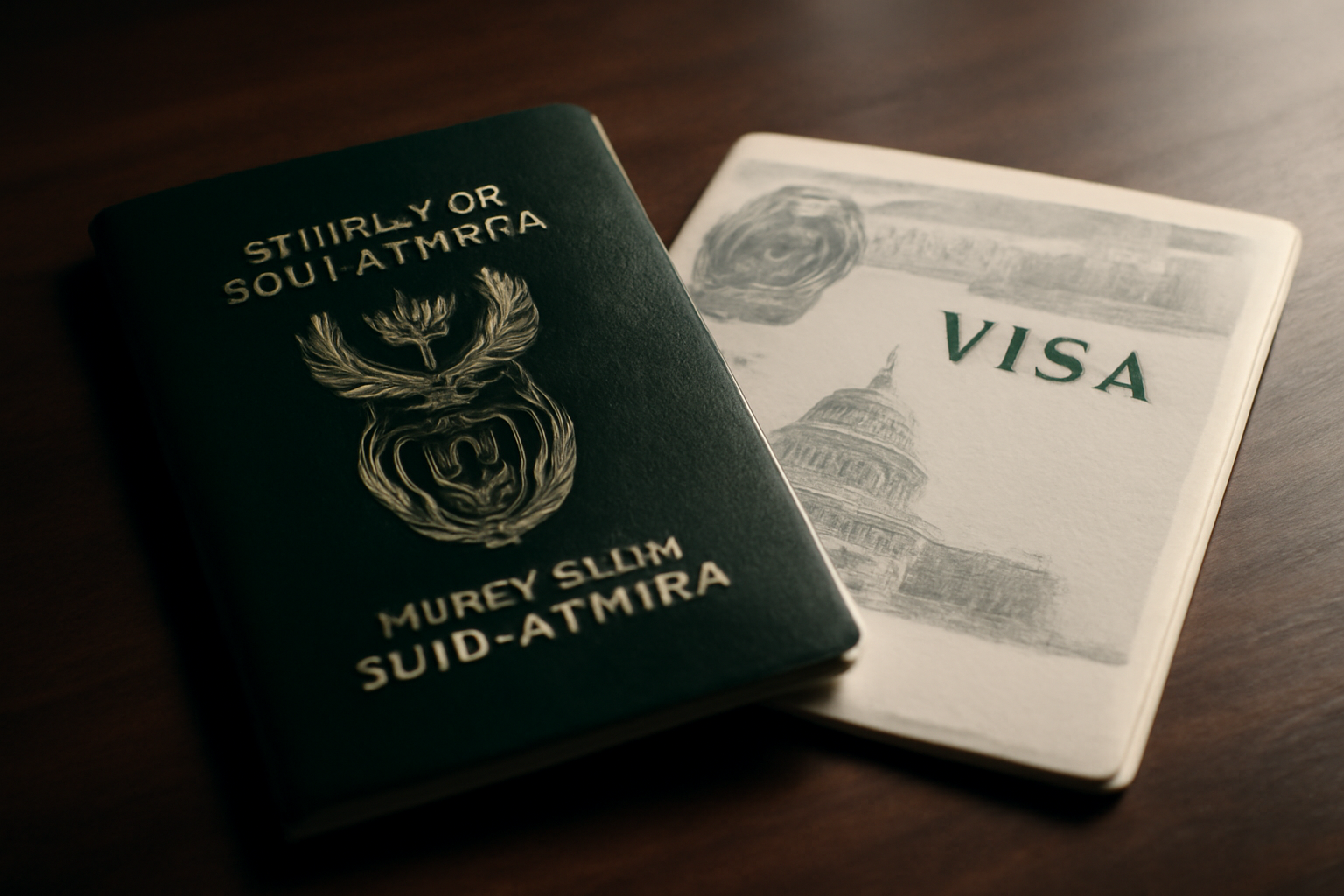 South African passport and U.S. visa stamp displayed side by side on a diplomatic desk