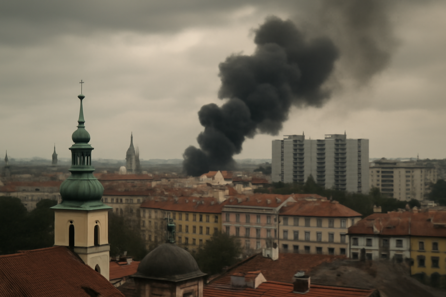 Smoke rising over a daytime Kyiv skyline near residential apartment blocks