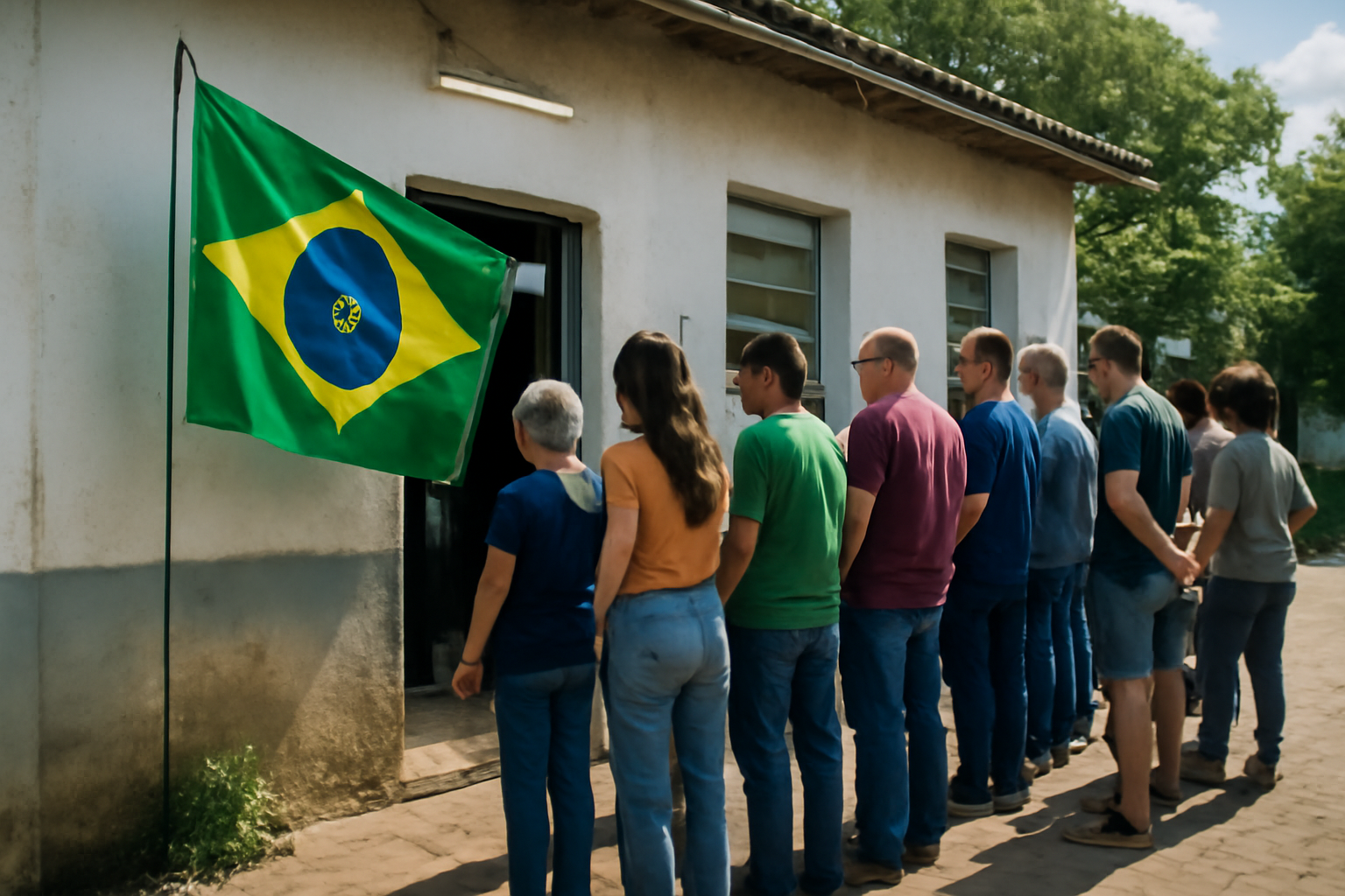 Exterior of a Brazilian polling station with a national flag ahead of a presidential election
