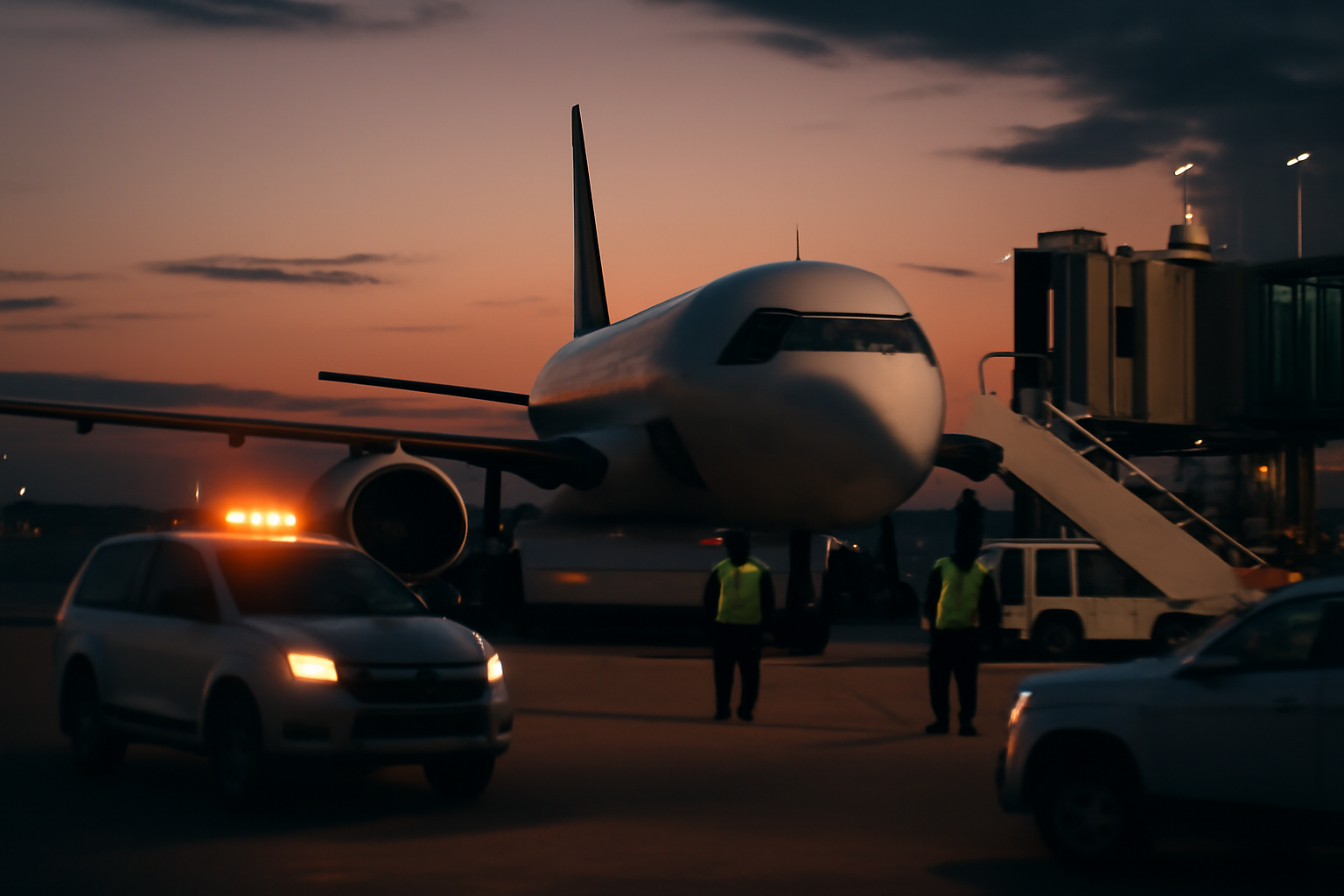 Commercial airliner on a tarmac with police vehicles nearby during an aviation security investigation