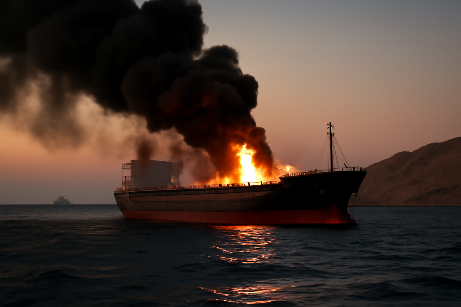 Large cargo ship with smoke rising from its deck while sailing on open water near a rocky coastline